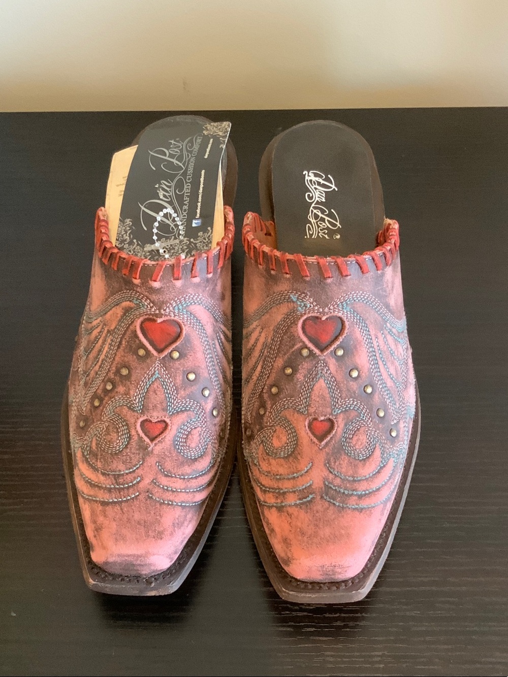 Dan Post Pink-Red Leather Heart Embroidered Mules